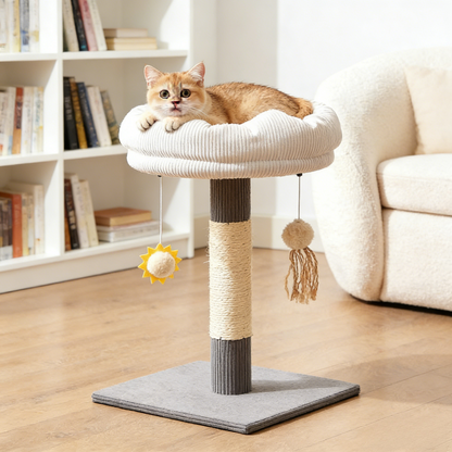 Compact Solid Wood Cat Tree, Includes Scratching Post & Removable Bed