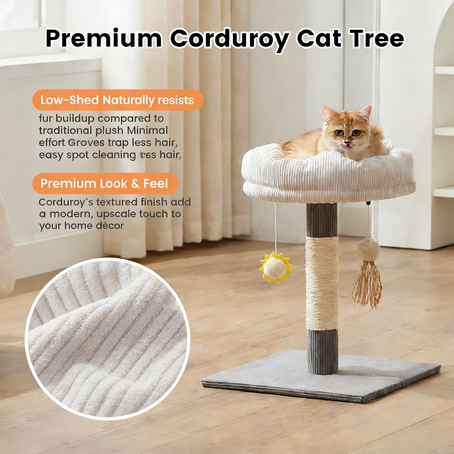 Compact Solid Wood Cat Tree, Includes Scratching Post & Removable Bed
