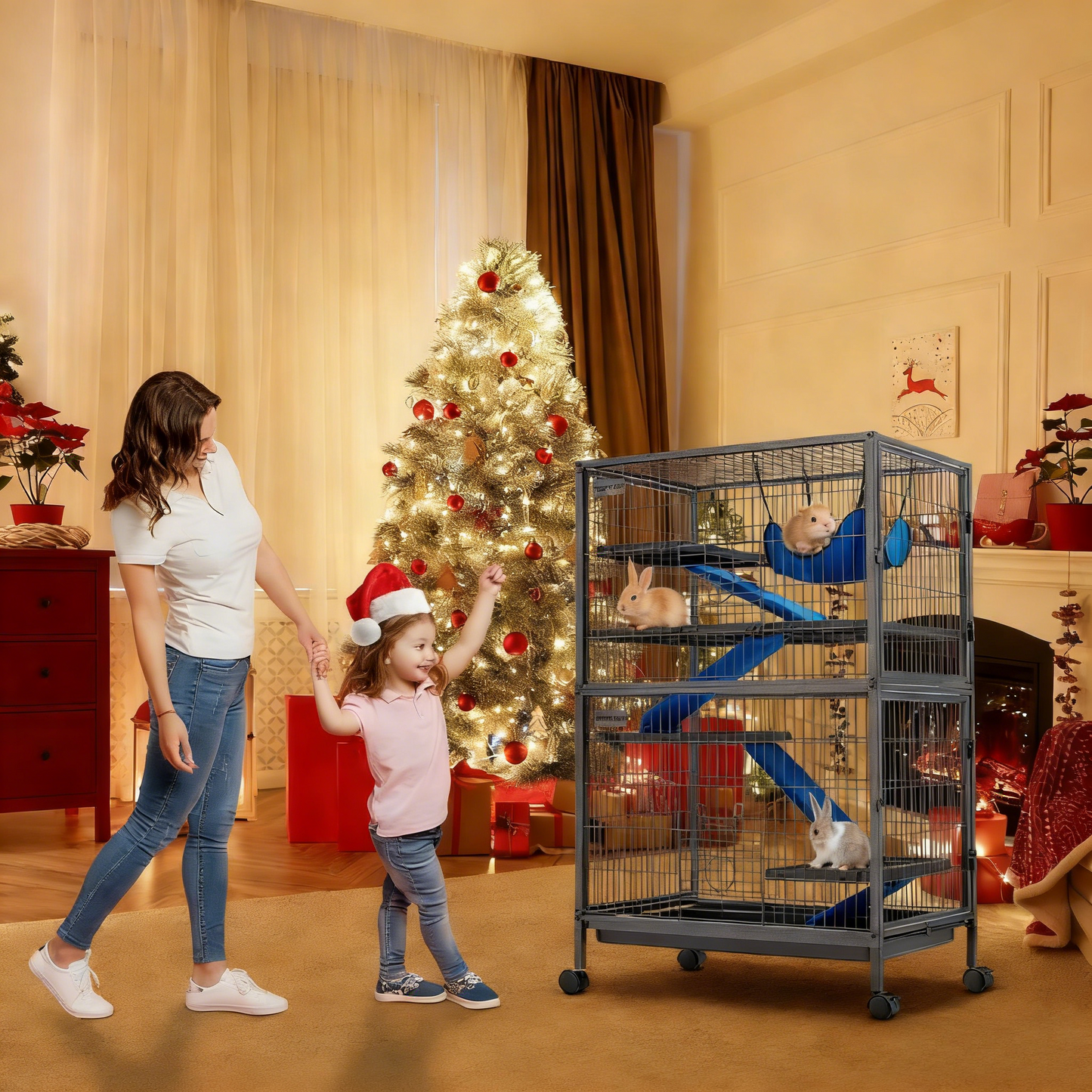 50”H Metal Animal Cage, 5-Tier with Wheels & Ramps