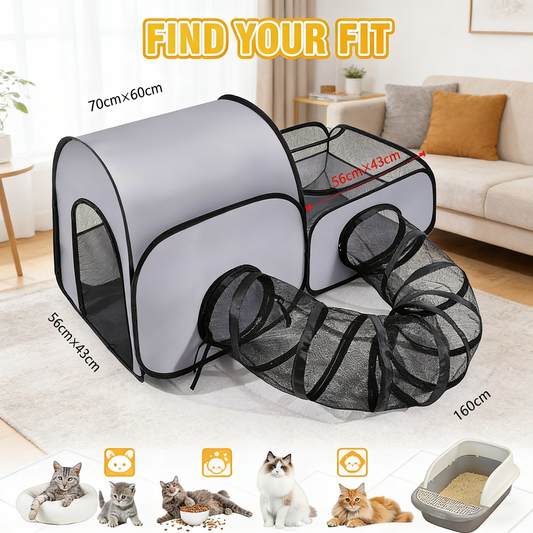 Portable Cat Playpen, Dual Zones with Tunnel, Breathable for Indoor & Outdoor