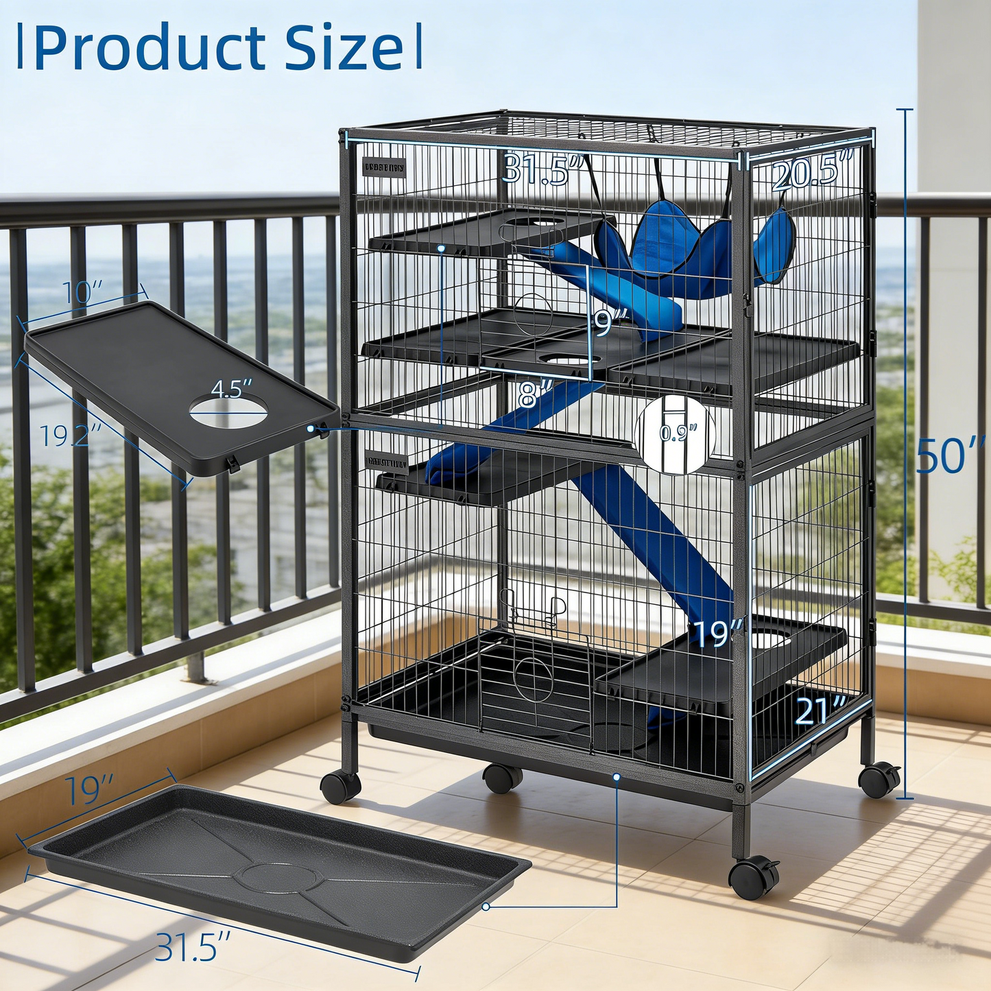 50”H Metal Animal Cage, 5-Tier with Wheels & Ramps
