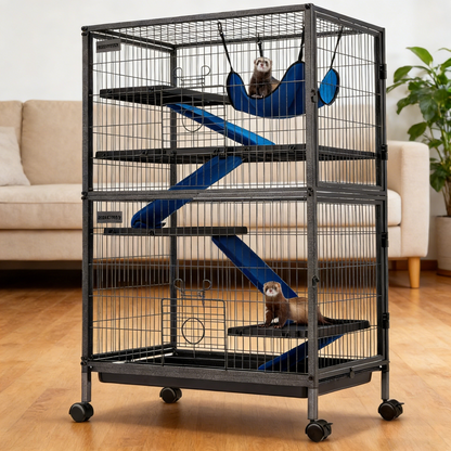 50”H Metal Animal Cage, 5-Tier with Wheels & Ramps