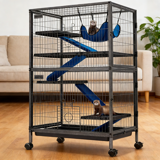 50”H Metal Animal Cage, 5-Tier with Wheels & Ramps